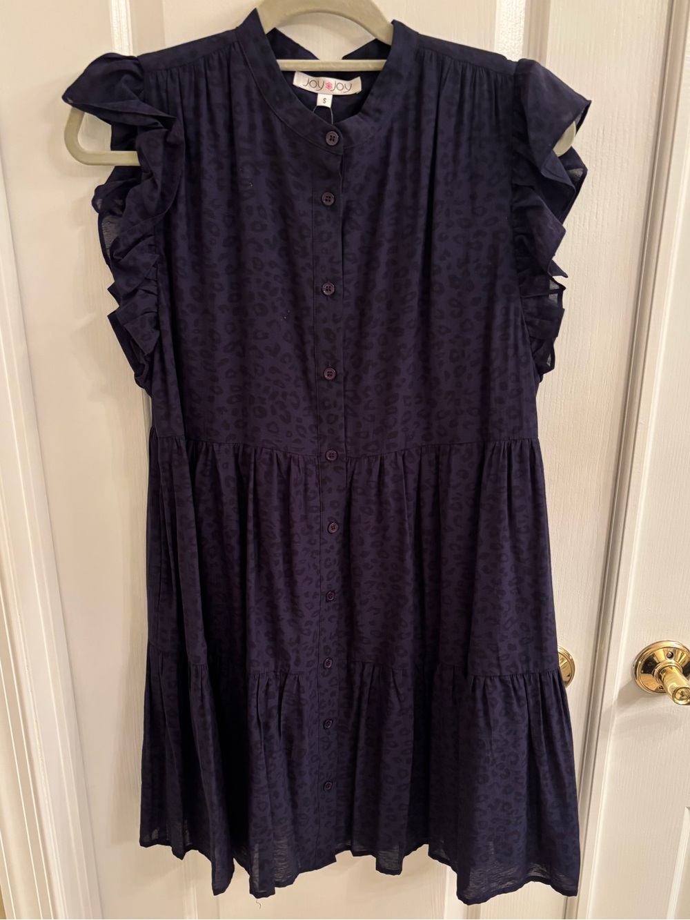 Joy Joy Navy Ruffle-Sleeve Button Front Tiered Dress
